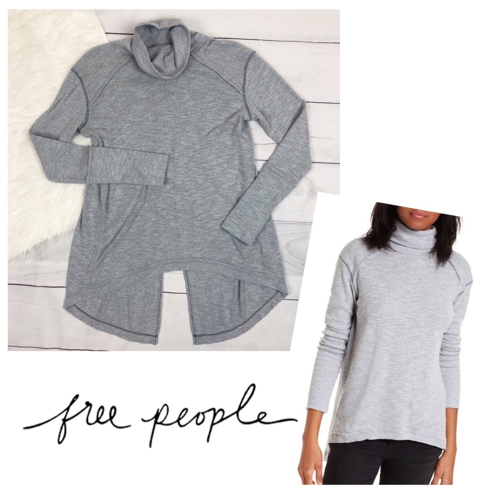 Free People Split Back Turtleneck Sweater Gray